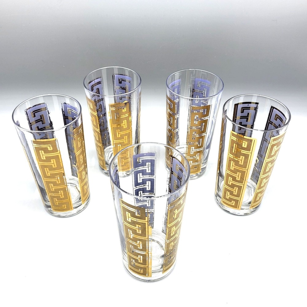 Vintage MCM Greek Key Highball Glasses Barware Set Of 5 Mid Century 22k Gold
